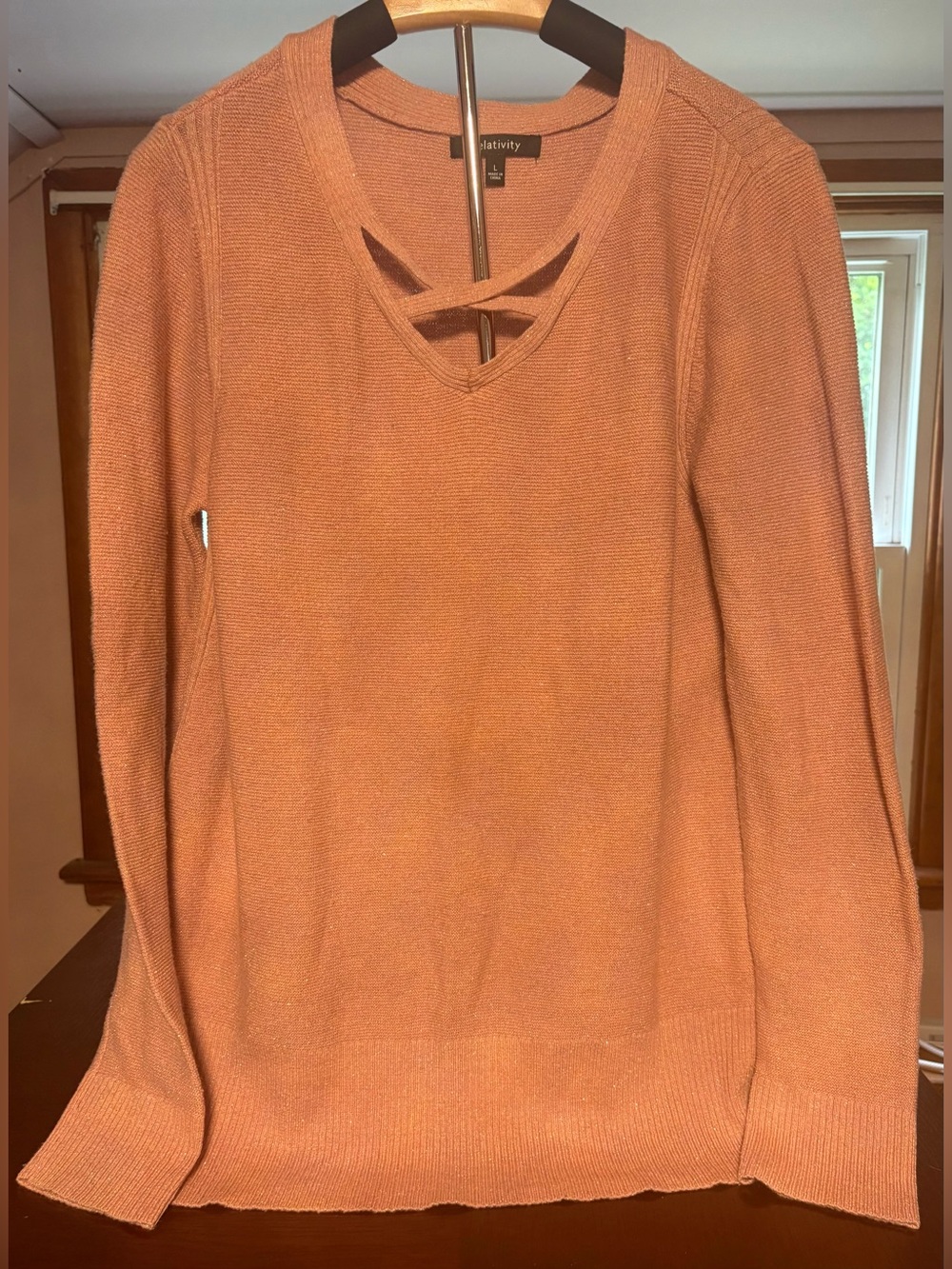 Relativity Peach Shimmer Criss-Cross V-Neck Sweater - Size L